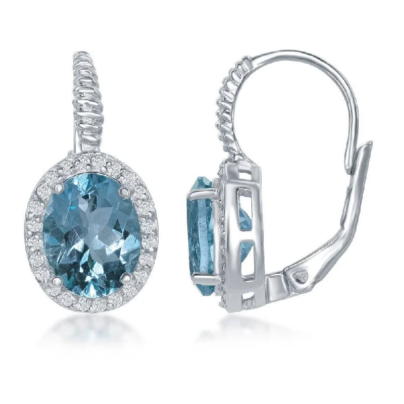 Elegant Cluster Earrings-Sterling Silver Blue Topaz Oval Earrings