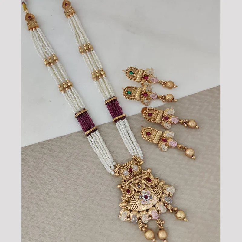 Silver and Pearl Necklace-Rani Sati Jewels Gold Plated Pota Stone And Pearl Long Necklace Set