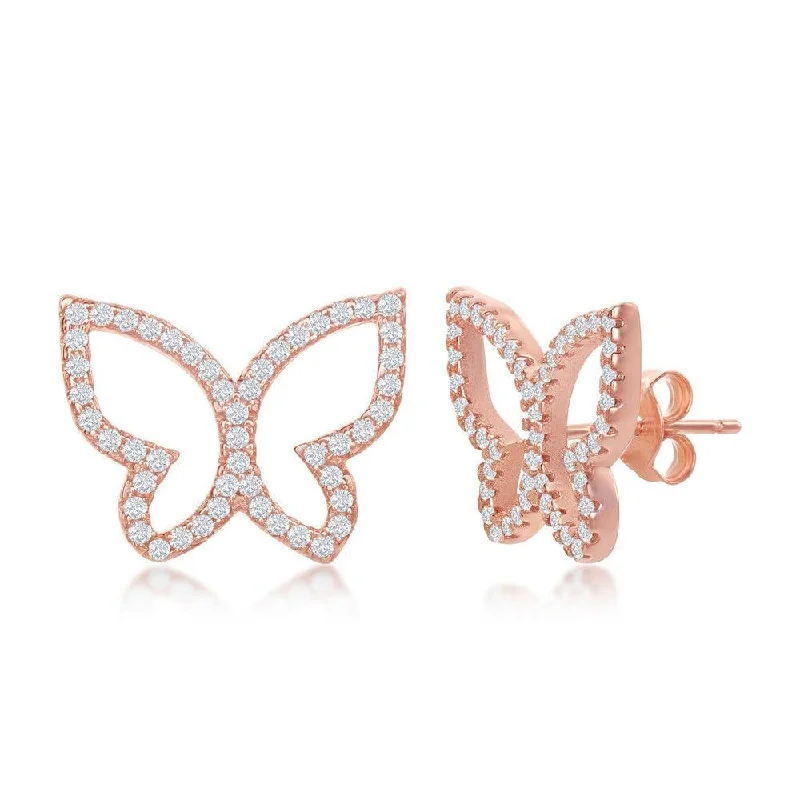 Lightweight Dangle Earrings-Sterling Silver Open Butterfly CZ Stud Earrings - Rose Gold Plated