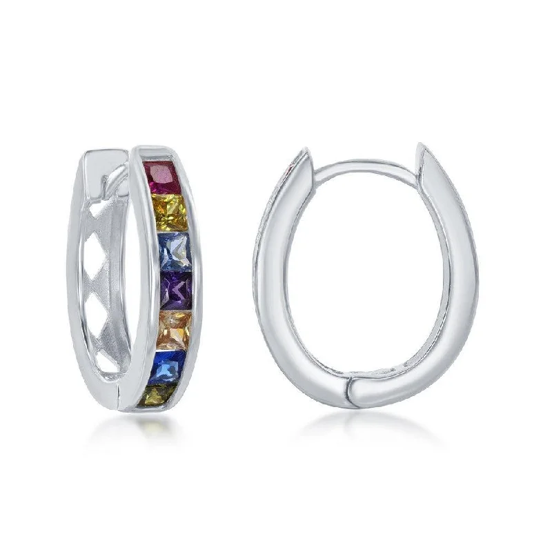 Unique Silver Earrings-Sterling Silver Rainbow CZ Oval Hoops Earrings