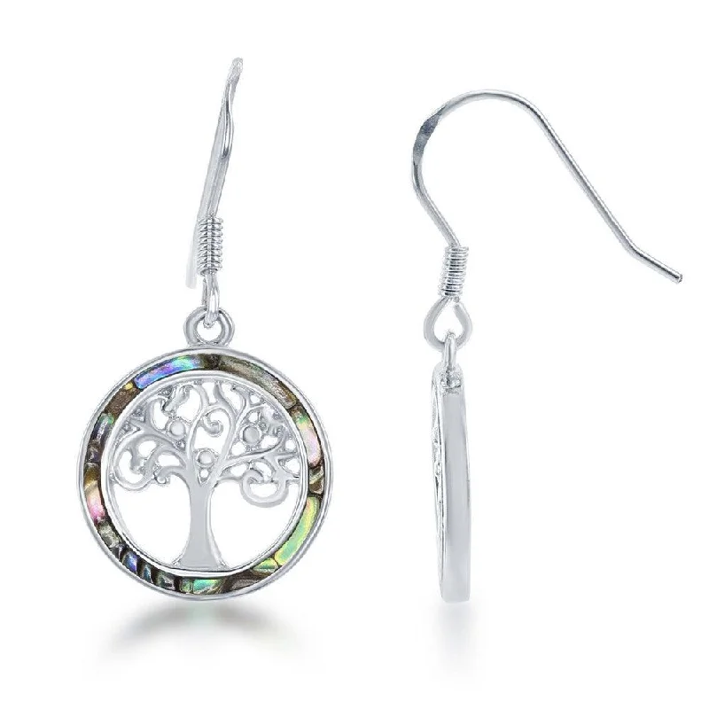 Antique Style Earrings-Sterling Silver Round Center Tree of Life Earrings