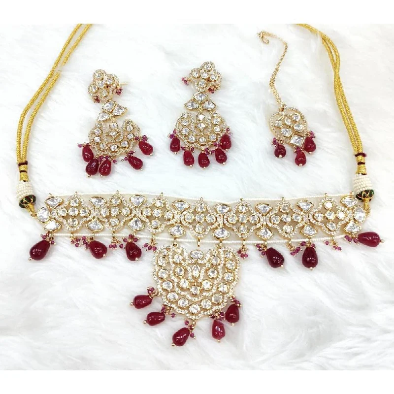 Adjustable Chain Necklace-Akruti Collection Gold Plated Polki Kundan Choker Necklace Set