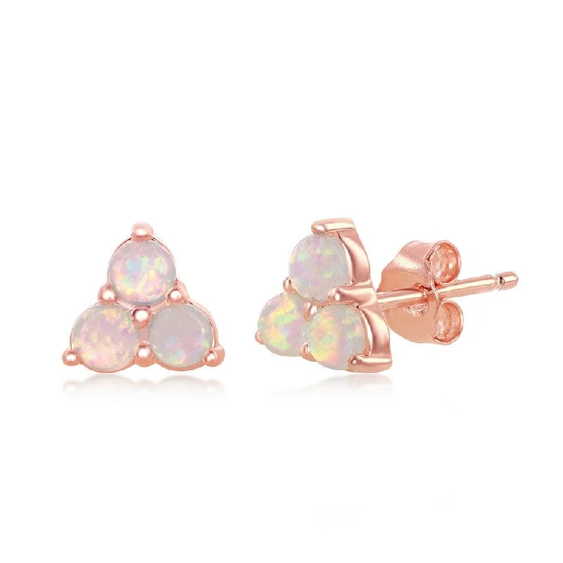 Bold Fashion Earrings-Sterling Silver Rose GP Triple White Opal Cluster Stud Earrings