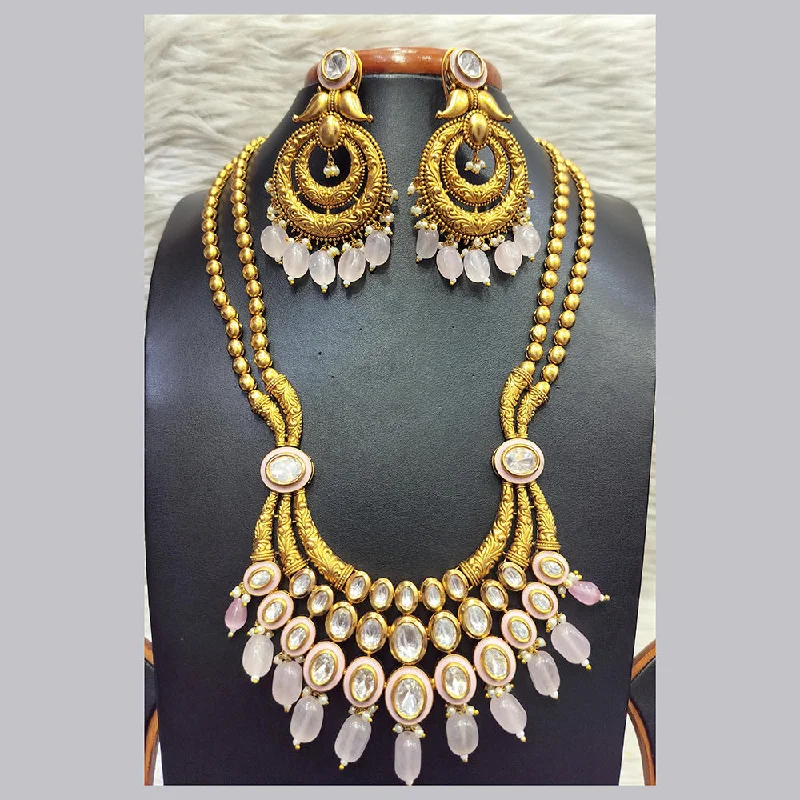 Elegant Gold Leaf Necklace-Jain Jewellers Gold Plated  Kundan And Beads Long Necklace Set