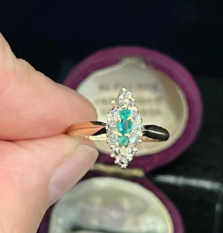 Modern Cocktail Ring-Victorian Emerald and Diamond Marquise Cluster Ring