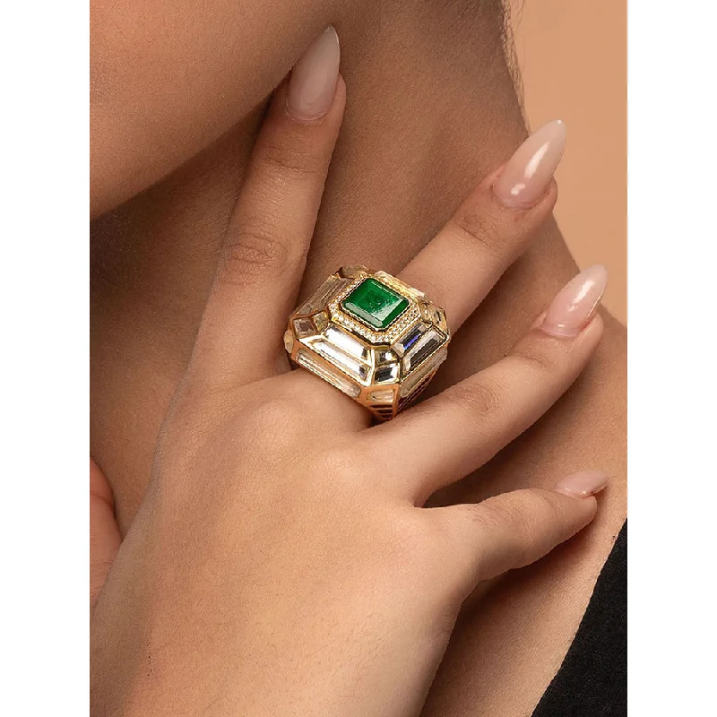 Unique Silver Wedding Ring-Isharya Fiesta Hydro Emerald Deco Ring In 18Kt Gold Plated