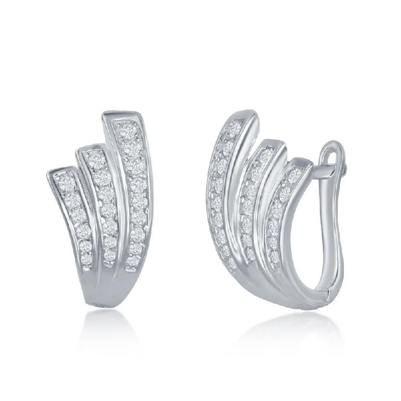 Bold Fashion Earrings-Sterling Silver Wave Design CZ Earrings