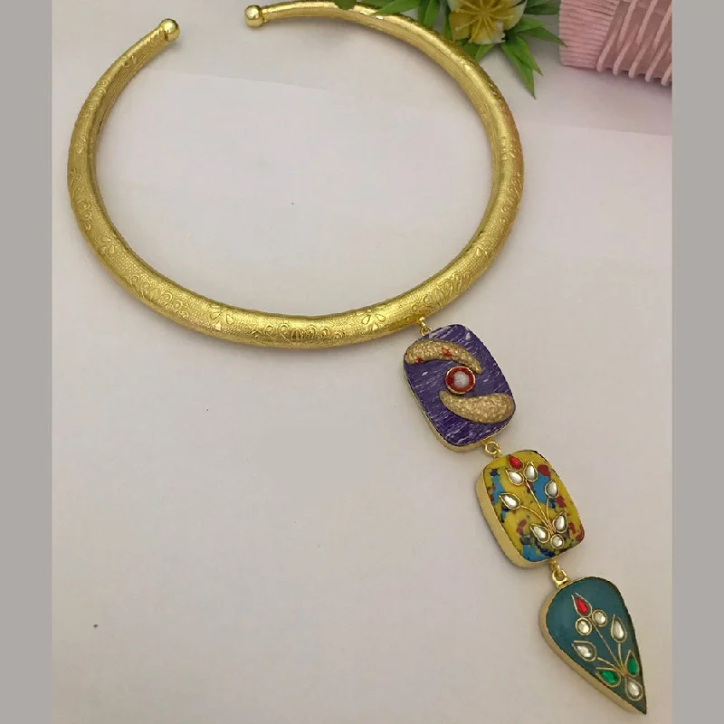 Simple Gold Necklace-FS Collection Gold Plated Kundan Stone Necklace