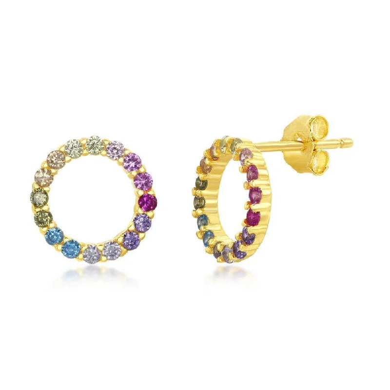 Classic Stud Earrings-Sterling Silver Gold Plated Rainbow CZ Circle Stud Earrings