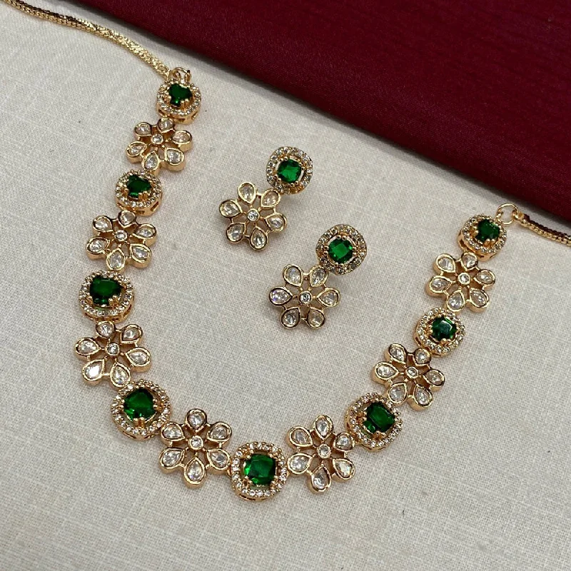 Classic Silver Necklace-Amoliya Jewels Polki Kundan Green Floral Necklace Set