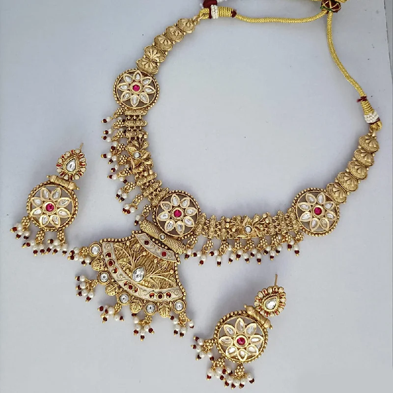 Classic Gold Pendant Necklace-Rani Sati Jewels Gold Plated Kundan Stone And Pearls Necklace Set