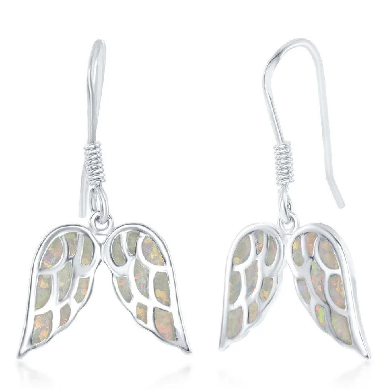 Delicate Diamond Earrings-Sterling Silver White Inlay Angel Wings Earrings