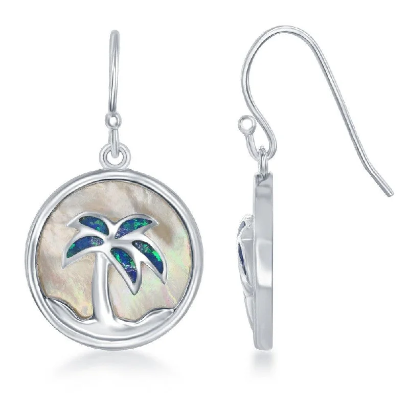 Silver Hoop Earrings-Sterling Silver Blue Inlay Opal Palm Tree Earrings