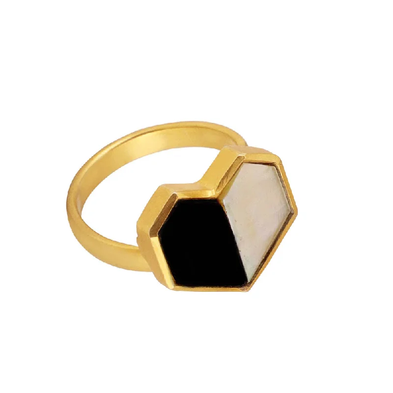 Dainty Gold Ring-VARNIKA ARORA Polar- 22K Gold Plated White Mother Of Pearl Black Onyx Ring