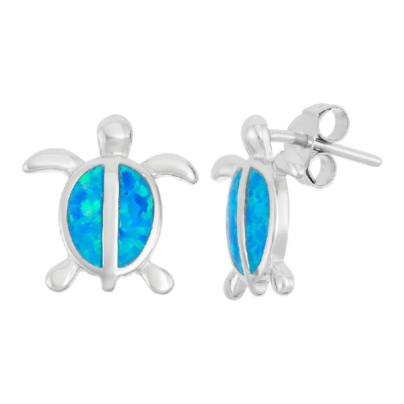 Wedding Diamond Earrings-Sterling Silver Blue Inlay Opal Turtle Earrings