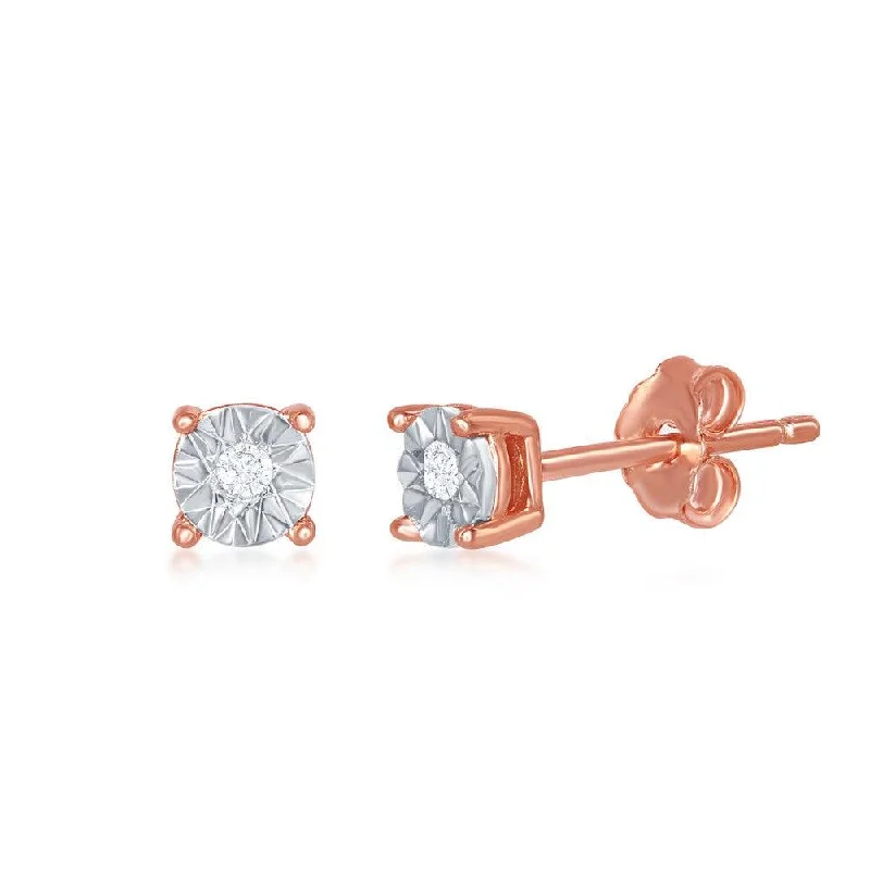 Cute Heart Earrings-Sterling Silver 4mm Rose Gold Diamond Earrings