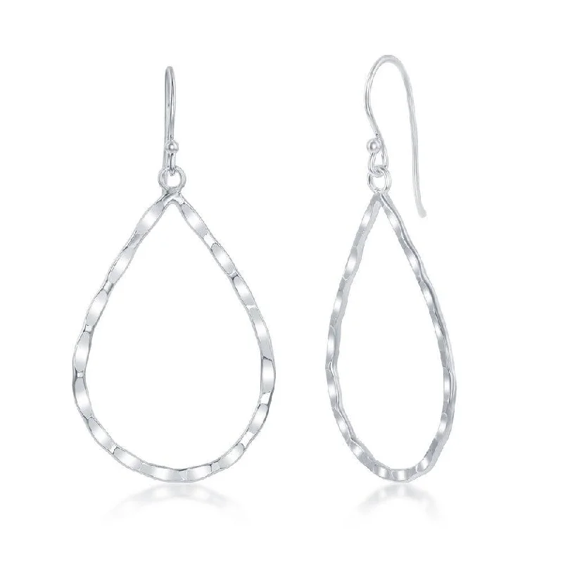 Fashionable Hoop Earrings-Sterling Silver Hammered Pear Shaped Earrings