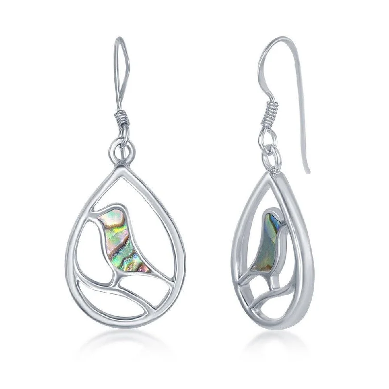 Diamond Heart Earrings-Sterling Silver Bird Pearshaped Earrings - Abalone