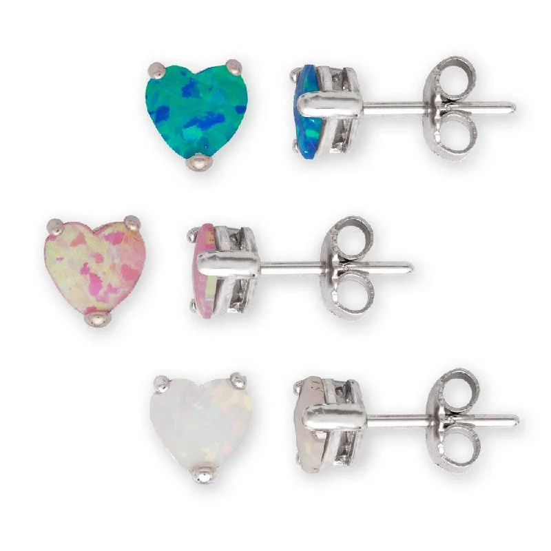 Boho Chic Earrings-Sterling Silver 6mm White; Pink; and Blue Opal Set of 3 Heart Stud Earrings