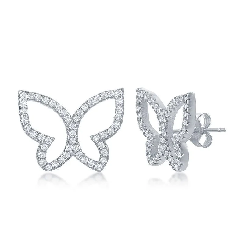 Pearl Drop Earrings-Sterling Silver Open Butterfly CZ Stud Earrings