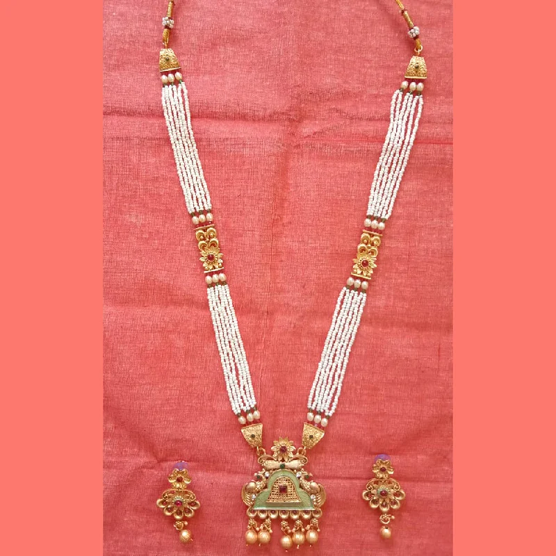 Modern Designer Necklace-Neetu Art Gold Plated Pota Stone And Pearl Long Necklace Set