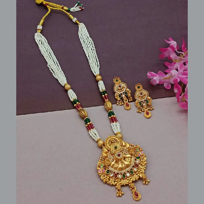 Retro Style Necklace-India Art Gold Plated Pota Stone And Pearl Long Necklace Set