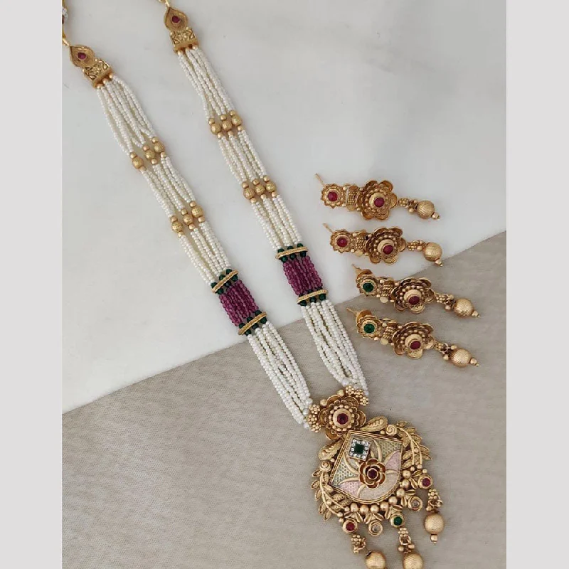 Colorful Necklace with Gemstones-Rani Sati Jewels Gold Plated Pota Stone And Pearl Long Necklace Set