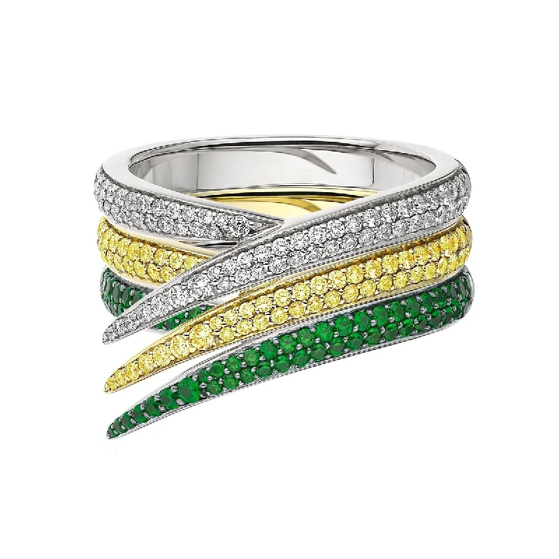 Luxury Diamond Ring-Interlocking Stacked Ring - 18ct White and Yellow Gold & White Diamond, Yellow Sapphire and Tsavorite