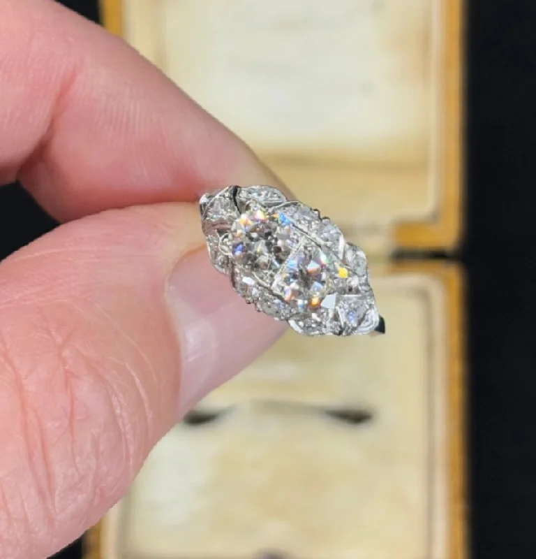 Fancy Diamond Ring-Antique Art Deco Diamond Cluster Ring in Platinum