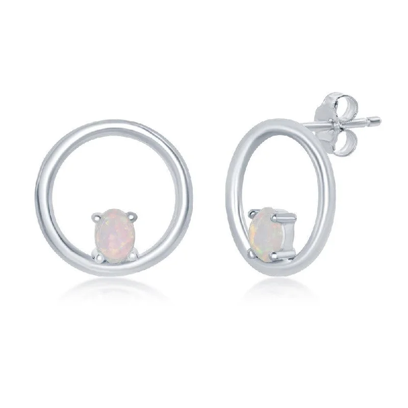 High-End Diamond Earrings-Sterling Silver Open Circle with Four-Prong White Opal Stud Earrings