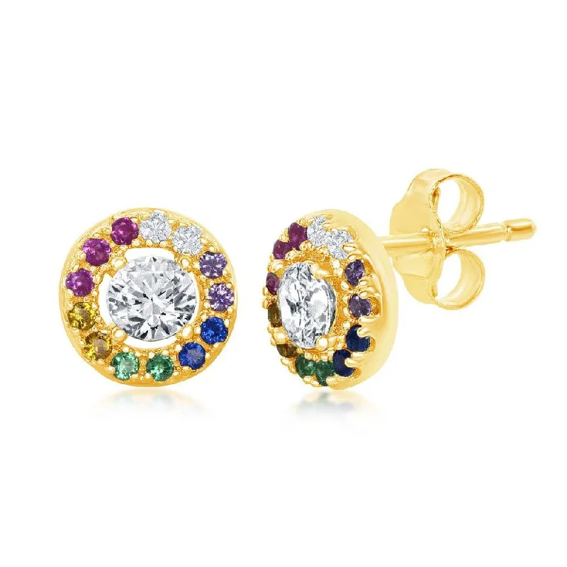 Bohemian Drop Earrings-Sterling Silver Gold Plated Rainbow CZ Round Stud Earrings