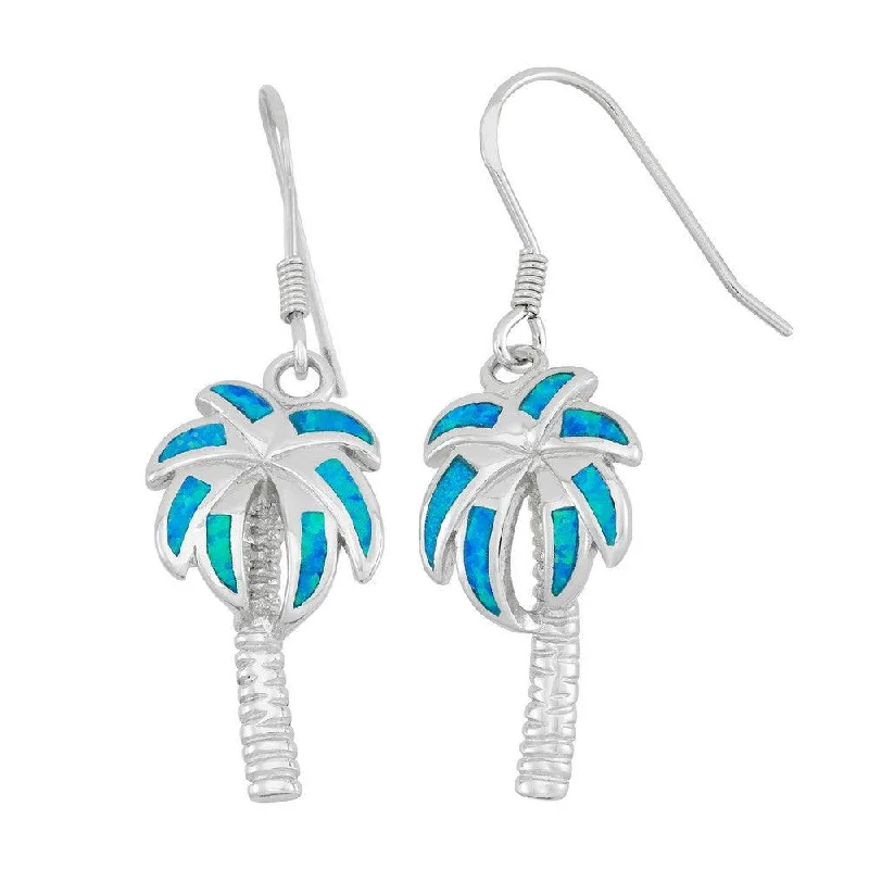 Black Metal Earrings-Sterling Silver Blue Inlay Opal Palm Tree Earrings