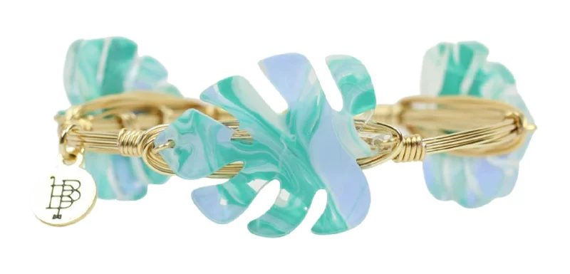 Engraved Gold Bangles-Turquoise Waters Palm Bangle Bracelet