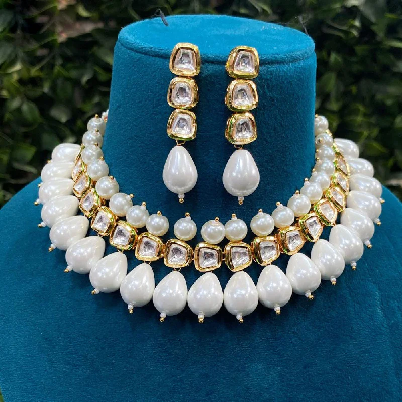 Large Statement Necklace-Royal Kundan Jewellery Gold Plated Polki Kundan And Pearls Necklace Set