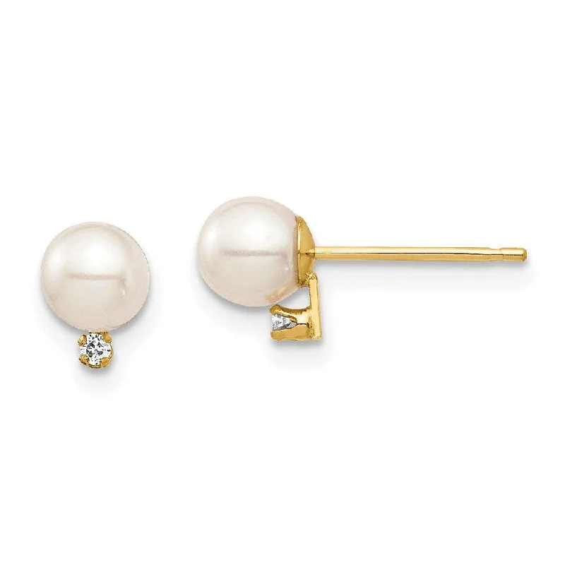 Rose Gold Earrings-Madi K Kid's 14K  4-5mm White Round FW Cultured Pearl .02ct Diamond Post Earrings