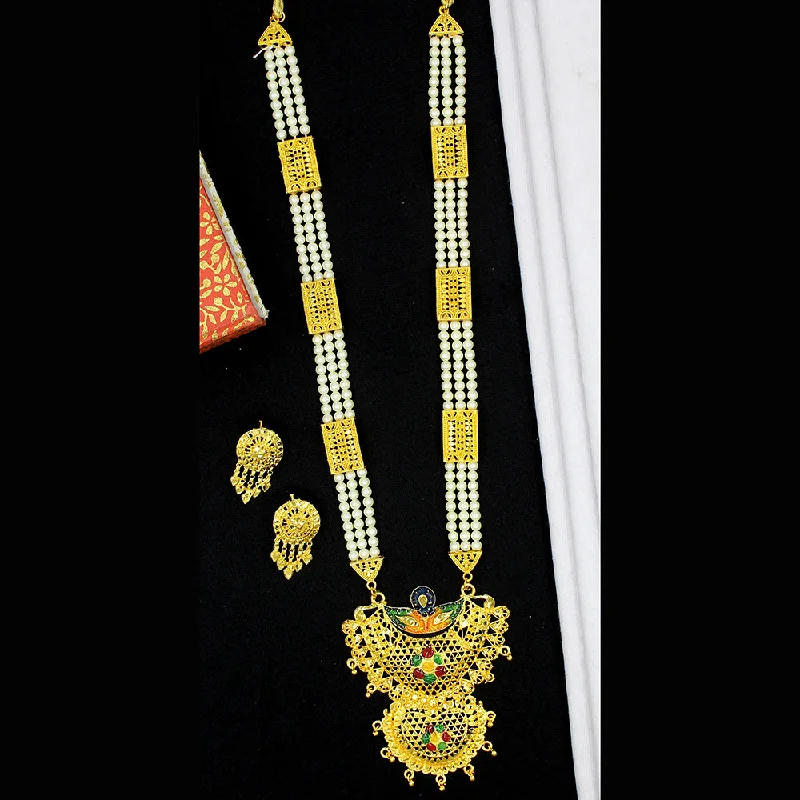 Fashionable Gold Necklace-Mahavir Dye Gold Plated Pearl Long Necklace Set