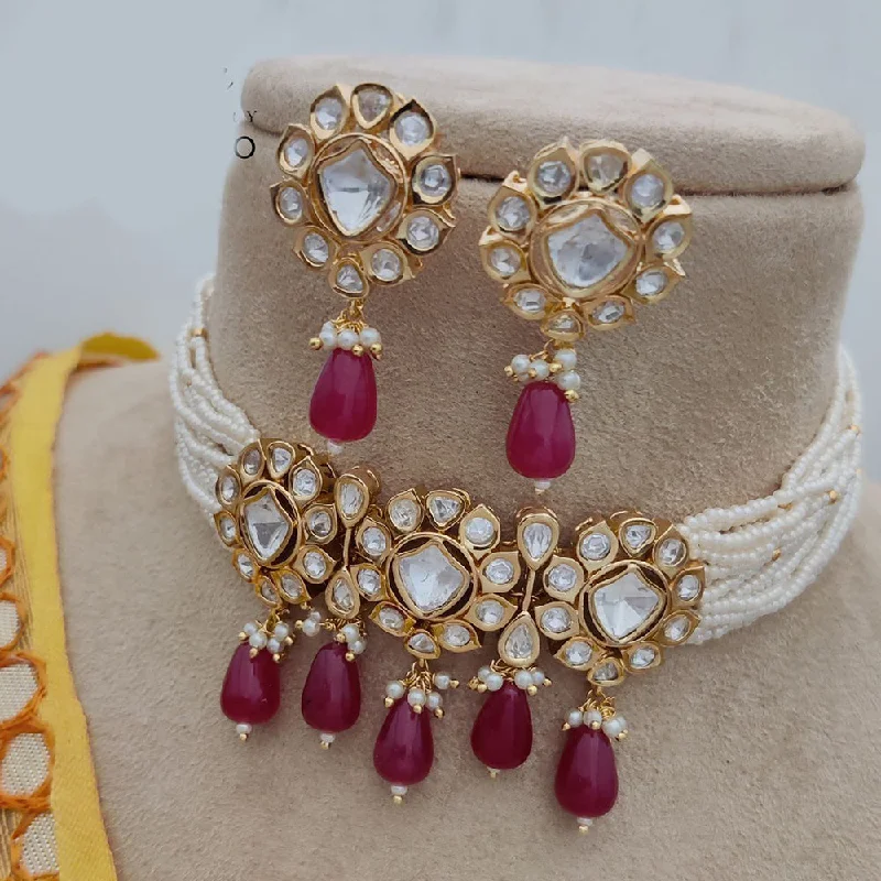 Gemstone Beaded Necklace-Jewel Addiction Copper Gold Plated Polki Kundan And Pearls Kundan Necklace Set