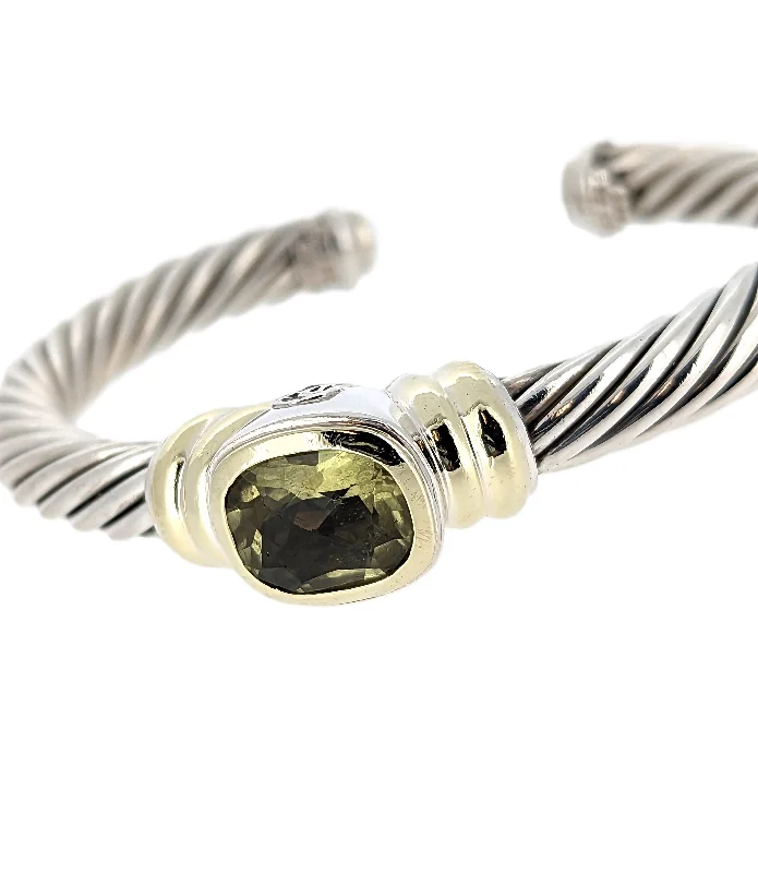 Custom Couples Bracelets-David Yurman Sterling Silver & 14K Yellow Gold Peridot Cable Cuff Bracelet