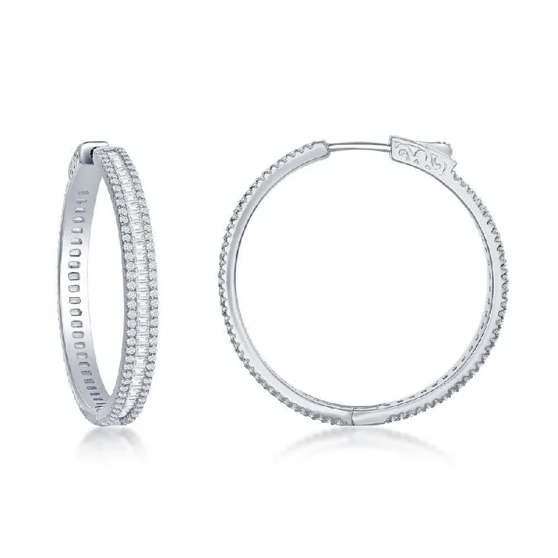 Funky Earrings for Teens-Sterling Silver Baguette CZ 35mm Hoop Earrings