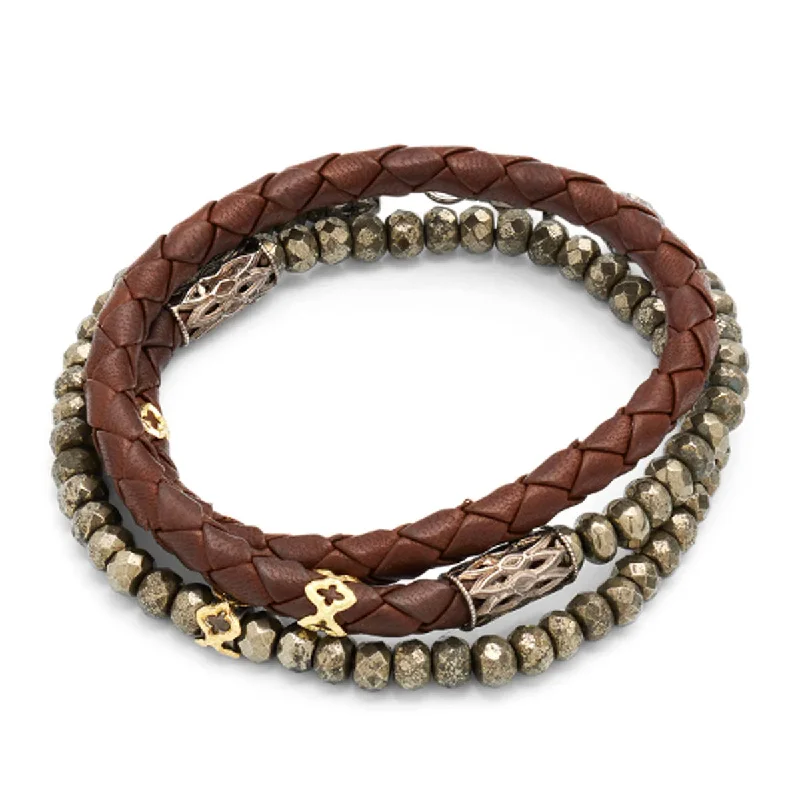 Handmade Gemstone Cuff Bracelets-Romero Pyrite Leather Wrap Bracelet