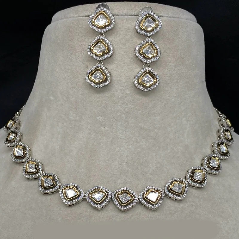 Gold Bar Necklace-Royal Kundan Jewellery 2 Tone Plated Polki Kundan Necklace Set