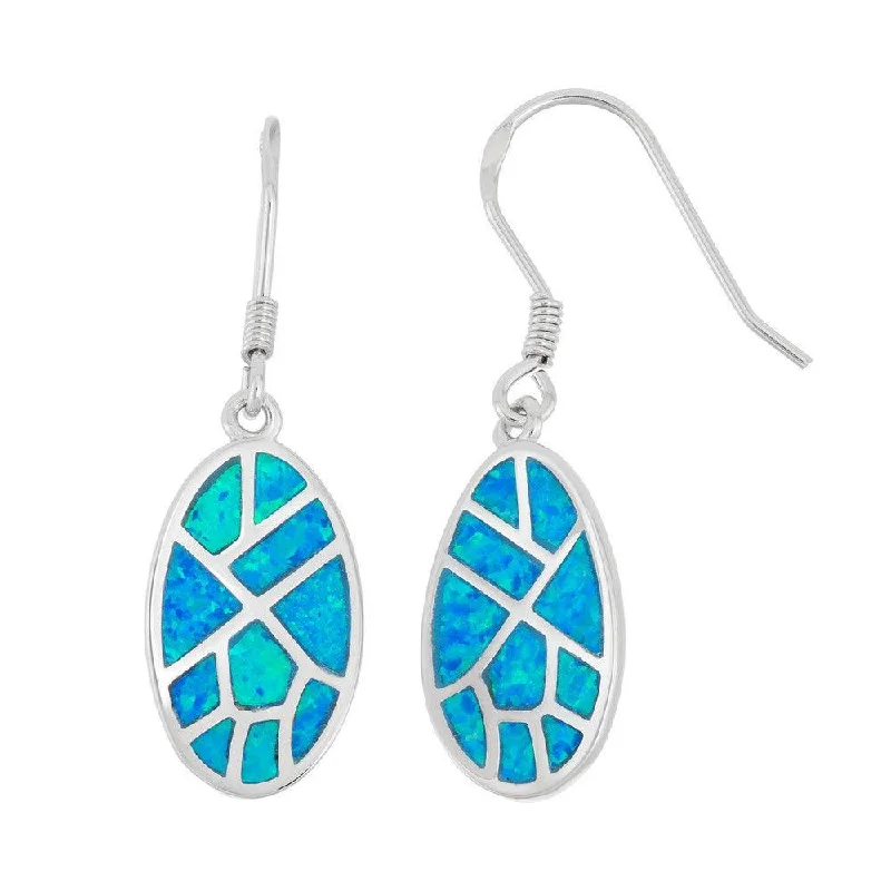 Unique Silver Earrings-Sterling Silver Blue Inlay Opal Oval Earrings