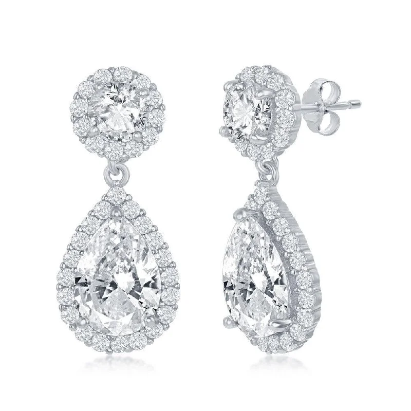 CZ Stud Earrings-Sterling Silver Round and Pear Shaped CZ Earrings