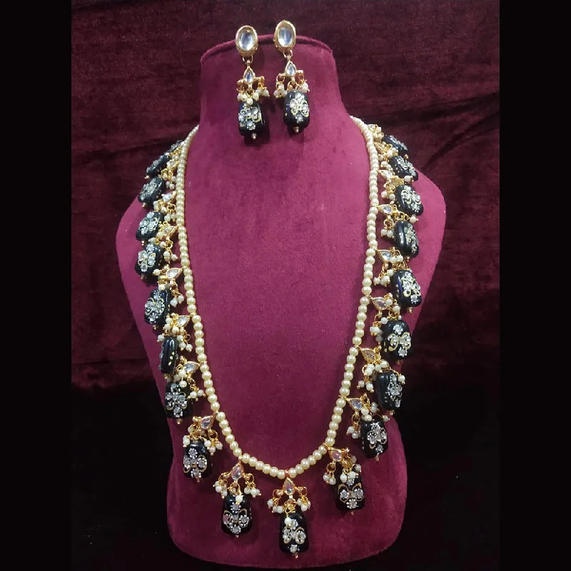 Gemstone Drop Necklace-Shagna Gold Plated Pearl And Beads Long Necklace Set