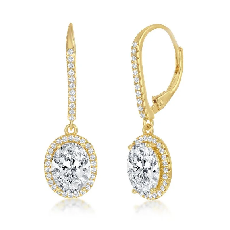 Nature Inspired Earrings-Sterling Silver Oval CZ Halo Dangling Earrings - Gold Plated