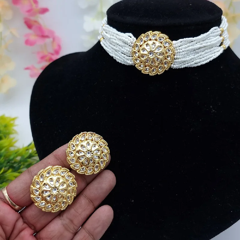 Boho Chic Necklace-JCM Gold Plated Kundan Stone And Pearls Choker Necklace Set