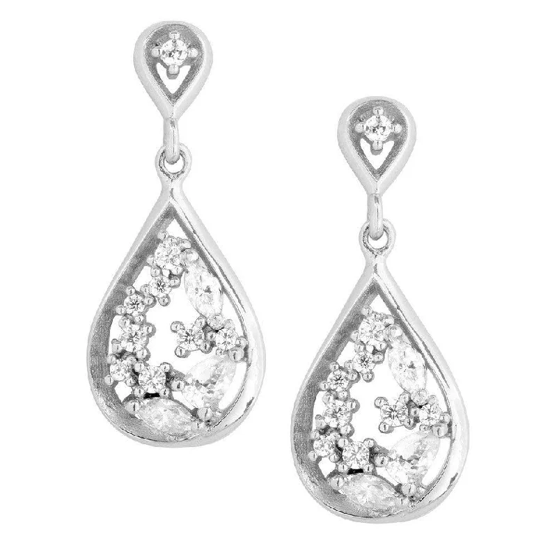 Elegant Drop Earrings-Sterling Silver Open Micro Pave Teardrop Earrings