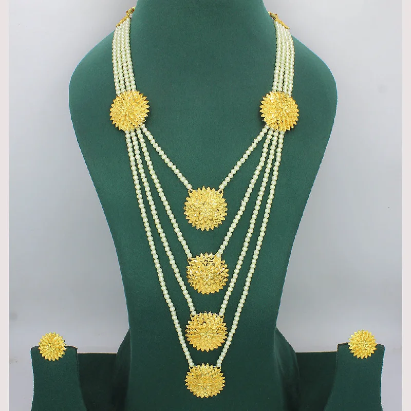 Custom Couples Necklace-Mahavir Gold Plated Pearl Multi Layer Long Necklace Set