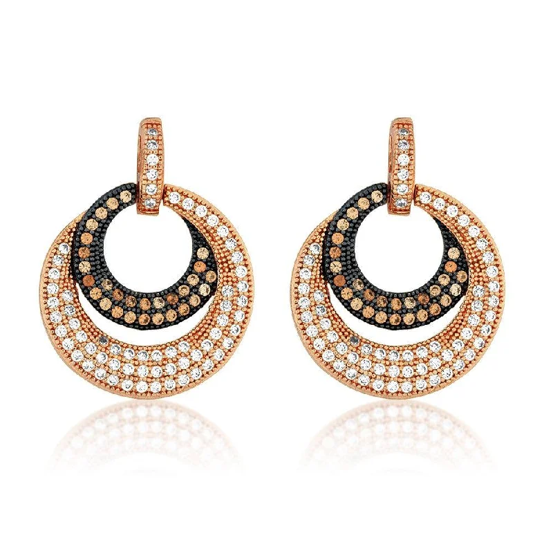 Gold Plated Earrings-Sterling Silver Rose Gold Circle with Pave Earrings