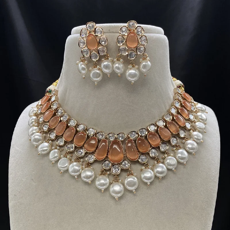 Custom Couples Necklace-Royal Kundan Jewellery Gold Plated Polki Kundan And Pearls Necklace Set